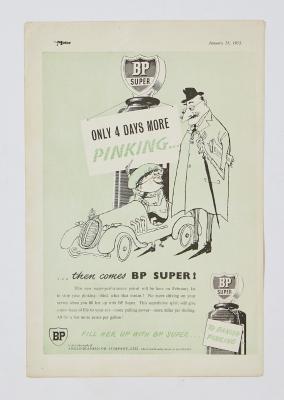 BP: A colour press BP advertisement from 'The Motor - January 28, 1953. BP spot colour press advertisement launching BP Super fuel. With colour press 'Raydyot' advertisement on reverse side.