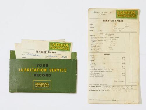 ENERGOL ENERGREASE: An Energol Energrease branded Service Sheet and envelop with service information from 1955. Includes envelop, one filled in service sheet and one bland service sheet.