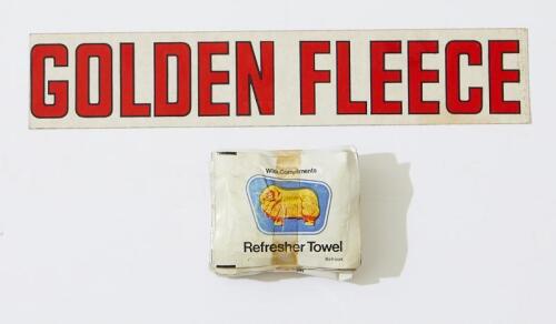 GOLDEN FLEECE: A Golden Fleece lettering pump decal - new old stock and packet of refresher towels