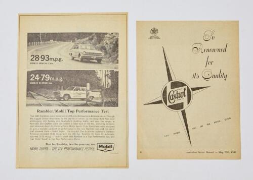 CASTROL: Two Castrol quality press advertisements and Brabham report on Formula 2 (partial)