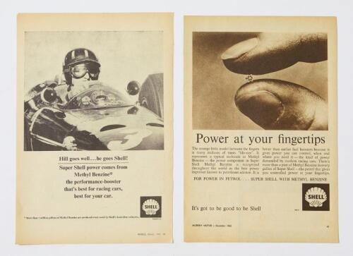 SHELL: Two Shell press advertisements featuring Graham Hill and the "power at your fingertips" marketing ad