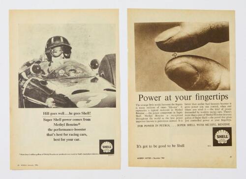 SHELL: Two Shell press advertisements featuring Graham Hill and the "power at your fingertips" marketing ad
