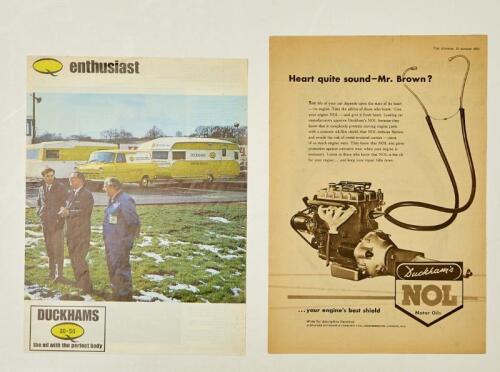 DUCKMANS: Two Duckhams motor oil press advertisements supporting motor sport and its customers
