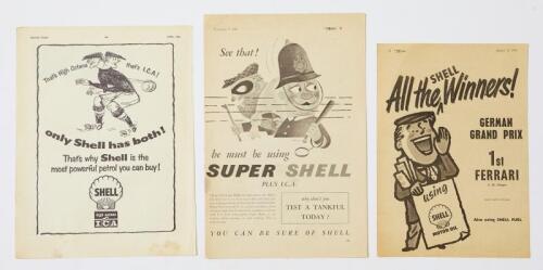 SHELL: Three Shell press ad for Super Shell with I.C.A. And celebrating Fangio and Ferrari success