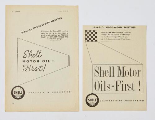 SHELL: Two Shell press advertisements celebrating motor sport success at Silverstone and Goodwood