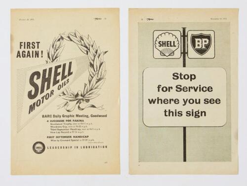 SHELL: Two Shell press ad for oils and success at Goodwood and a duel ad with both Shell and BP