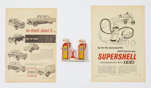 SHELL: A Shell magazine advertisement featuring I.C.A with small set of Shell I.C.A. Livery Forecourt Bowsers for play Service Station display