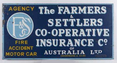 FARMERS & SETTLERS CO-OP: An original metal 'The FARMERS & SETTLERS CO-OPERATIVE INSURANCE Co of Australia Ltd' sign. Measures 30.5 cm x 61 cm