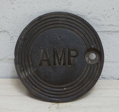 AMP: c1936-1949 cast iron service station underground tank filler cover plate with AMP lettering, 23cm diameter.