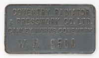 RADIATOR BADGE: A circa 1950s Coventry Radiator & Pressworks Co. Ltd radiator ID badge