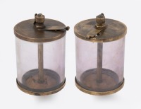 BOWLS: Two brass & glass fuel bowls made by the American Injector Co. (USA), both 14cm high, diameter 9.5cm, possibly Manzel type drip oilers