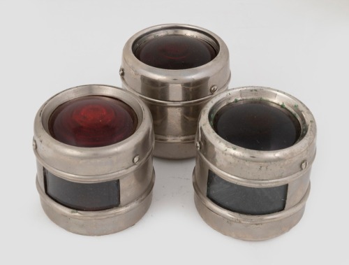 TAIL LAMPS: Three small matching drum style tail lamps, lens diameter 6cm, overall length 9cm, red lenses