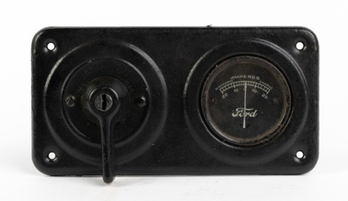 FORD: A 1920s Ford amperes gauge, light switch & dash mounting plate, believed to suit model 'T'