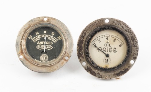 NATIONAL GAUGE & EQPT CO.: Two circa 1920s National Gauge & Equipment Co. (USA) small gauges, includes a Paige oil gauge and a Cleveland ammeter gauge, lens diameter on both 4cm