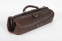 GLADSTONE TOOL BAG: A circa late 1800s early 1900s Gladstone (England) cow hide tool bag, adapted for vintage & veteran cars, 48cm long, 18cm wide, 15cm high