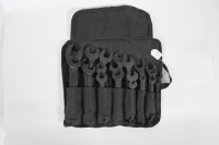 SPANNER SET: A circa 1900s to 1930s English made spanner set of varying sizes and manufacturers in modern canvas roll