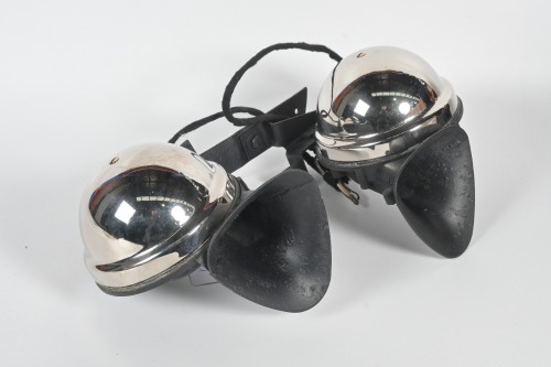 LUCAS HORNS: A pair of circa 1930s to 1950s Lucas horns bolted to mounting bracket, includes one high tone and one low tone horn