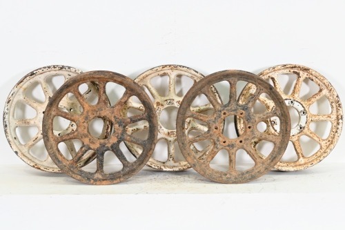 WHEELS: A group of five circa mid to late 1920s 10 spoke solid steel wheels, six stud, 54.5cm diameter, hub width 12.5cm, overall width 10cm