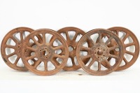 WHEELS: A group of five circa mid 1920s to late 1920s solid steel 10 spoke wheels, five stud, diameter 58.5cm, hub width 7cm, overall width 8cm
