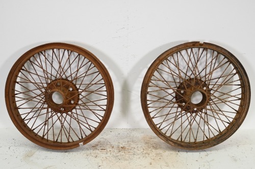 WIRE WHEELS: Two large wire wheels, six stud, 64.5cm diameter, overall width 10cm, hub at front width 9cm