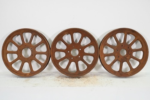 WHEELS: Three large circa mid to late 1920s 10 spoke solid steel wheels, six stud, diameter on all 65cm, overall width on all 9cm