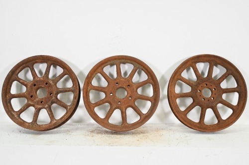 WHEELS: Three circa mid to late 1920s 10 spoke solid steel wheels, all five stud, all 59cm in diameter