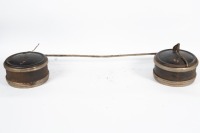 AMERICAN FLATLITE HEADLIGHT: Two circa 1920s American Flatlite Co. drum style headlights affixed to bar, lens diameter 17.5cm, bar length 88cm