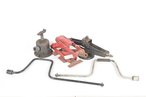 JACKS: A group of three early jacks, includes two scissor jacks and one bottle jacks plus also some handles
