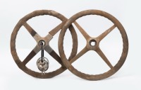 STEERING WHEELS: Two early four spoke wooden rimmed steering wheels, both approx 45cm wide - 2