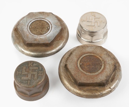 HUB CAPS: Two hub cap pairs, includes a Krit Automobiles pair, 7cm wide and a Marmon pair, overall width 12.5cm