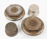 HUB CAPS: Two hub cap pairs, includes a Krit Automobiles pair, 7cm wide and a Marmon pair, overall width 12.5cm