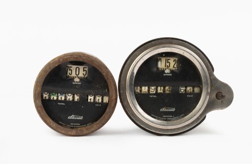 STEWART: Two Stewart (USA) 75 MPH speedometers gauges, with barrel style speedo readers and trip computers, lens diameter on both 7cm , overall diameter 12cm