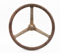 STEERING WHEELS: Two early three spoke steel rimmed steering wheels, both approx 41cm wide - 2