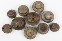 HUB CAPS: A group of assorted centre wheel hub caps, includes mostly Houk caps, two Pan-American Motors Corp. caps with enamel badges and one Studebaker cap