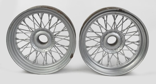 WIRE WHEELS: Two wire wheels, 41.5cm diameter, hub width 6cm, wheel width 10cm
