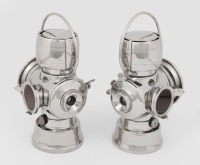 LUCAS TAIL LAMPS: Two impressive veteran era Lucas 'King of the Road' No. 632 paraffin side or tail lamps, re-nickelled 10-20 years ago & not been used on a vehicle, red side lens, 27cm high, 10cm diameter at base - 2