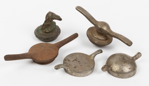 RADIATOR CAPS: A group of five radiator caps