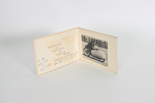 ROGER BARKER: A Christmas card inscribed to Roger Barker 'To Roger, Best Wishes from Phyl & Dukie - Looking Forward to Seeing You Over Here - To Be Sure!!' from circa 1956 believed to be from Geoff Duke