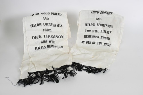 ROGER BARKER: Two Coffin sashes from the funeral of Roger Barker, one from 'Friends & Fellow Sportsmen' and one from 'Dick Thompson'
