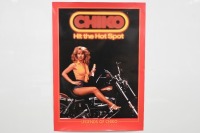 HARLEY-DAVIDSON: A reproduced of a c1990s Chiko Roll 'Hit the Hot Spot' poster, featuring model sitting on Harley-Davidson, 59.5cm high, 42cm wide