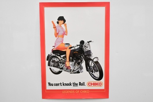 VINCENT: A reproduced of a c1970s Chiko Roll 'You Can't Knock the Roll' poster, featuring model sitting on Vincent bike, 59.5cm high, 42cm wide