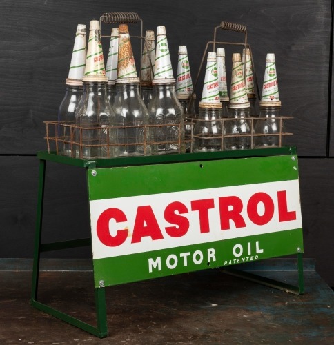 CASTROL: A Castrol 12-bottle twin oil bottle rack with bottles