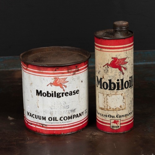 MOBIL: Two Mobil oil tins one grease