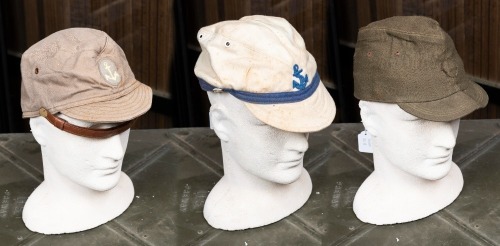 WWII: A Japanese WWII army soft cap and two reproduction Japanese WWII style imperial navy caps