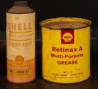 SHELL: Two Shell tins, one 5 lb grease tin and one shock absorber quart tin