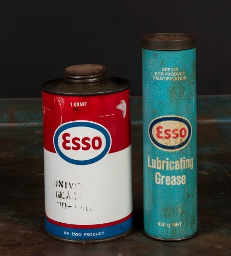 ESSO: Two Esso containers, one 450g grease tube and a 1 quart gear oil tin