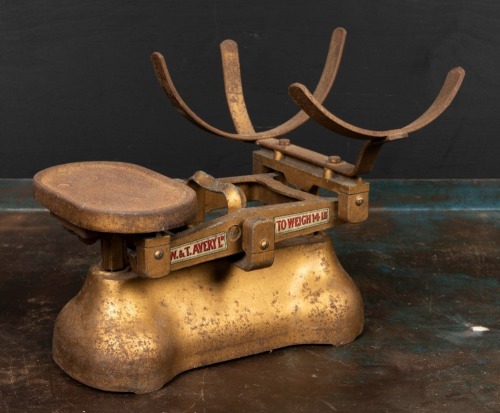 SCALES: A set of vintage W & T Avery Ltd balance pan scales, lacking pan and weights