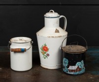 KITCHENALIA: Two enamel urns and a painted tin
