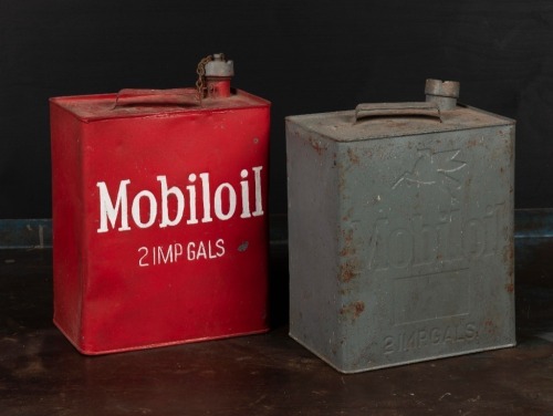 MOBILOIL: Two 2-gal embossed Mobil Oil tins in grey and red