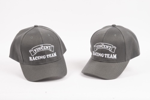A pair of grey 'The Vincent Racing Team' caps, adjustable, One size fits most'